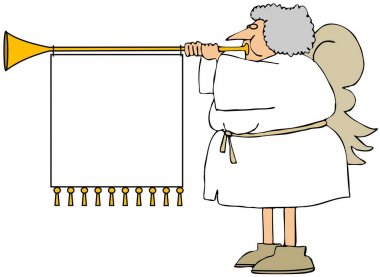 Gri saçlı dişi melek illüstrasyon ona bağlı beyaz bir afiş ile uzun bir pirinç boynuz üfleme.