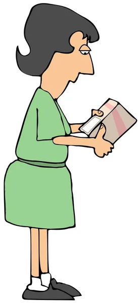 食品の箱に栄養ラベルを読んでいる女性のイラスト — ストック写真