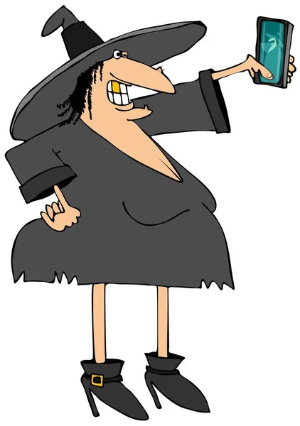 Illustrazione Una Strega Halloween Vestita Nero Scattare Selfy Con Uno — Foto Stock