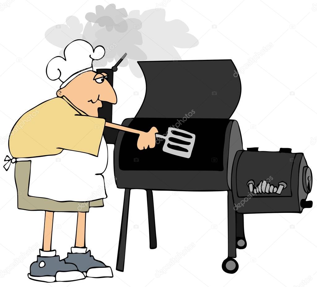 Illustration of a man wearing shorts and a chefs hat cooking on a smoker grill.