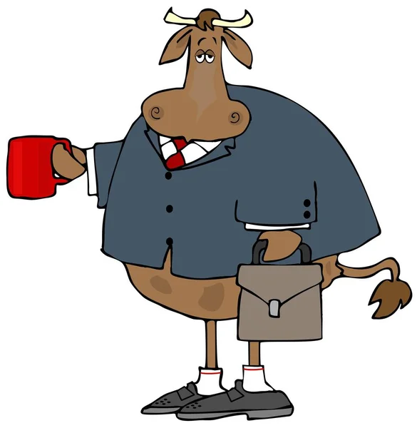 スポーツコートを着てブリーフケースとコーヒーを運ぶ牛のビジネスマンのイラスト — ストック写真