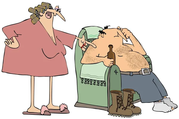 一个疲惫的 没有衬衫的男人坐在椅子上被他的妻子责骂的插图 — 图库照片