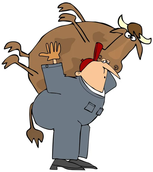 見つかった茶色の牛を背負ったカバーオールを背負った農夫のイラスト — ストック写真
