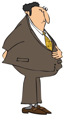 Onun ön ve arka tutan bir takım elbise giymiş bir tombul işadamı İllüstrasyon ve banyoya gitmek gerekiyor.