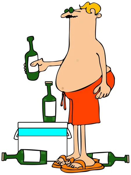 Ilustración Hombre Con Baúles Baño Sosteniendo Una Botella Con Refrigerador —  Fotos de Stock