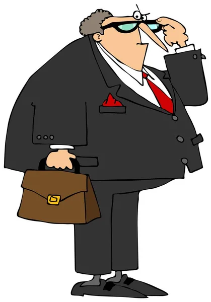 Illustration of a mad, chubby attorney wearing a suit and carrying a briefcase peering over his black glasses.
