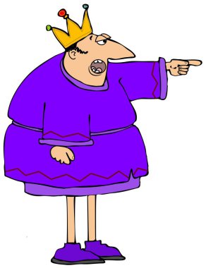 Sol eliyle işaret eden kraliyet mavisi bir elbise ve altın taç giyen tombul bir kral illüstrasyonu.