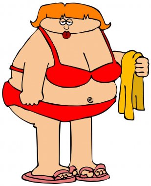 Kırmızı bikini giyen ve havlu tutan obez bir kız illüstrasyon.