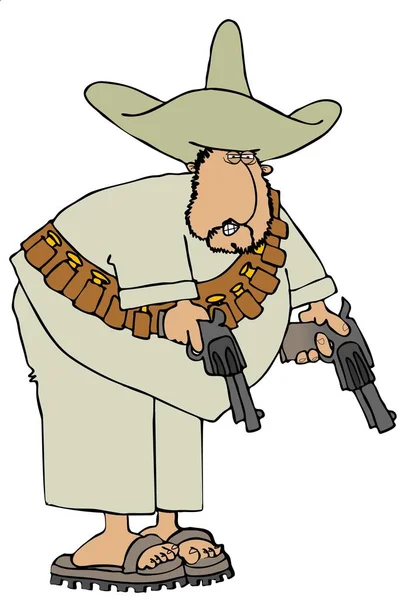 Illustration Mexican Bandido Wearing Bandoleer Holding Revolvers — Stock Photo, Image