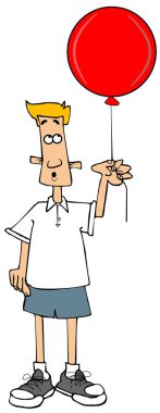 Bir dize üzerinde büyük bir kırmızı helyum balonu tutan şort giyen bir çocuk İllüstrasyon.