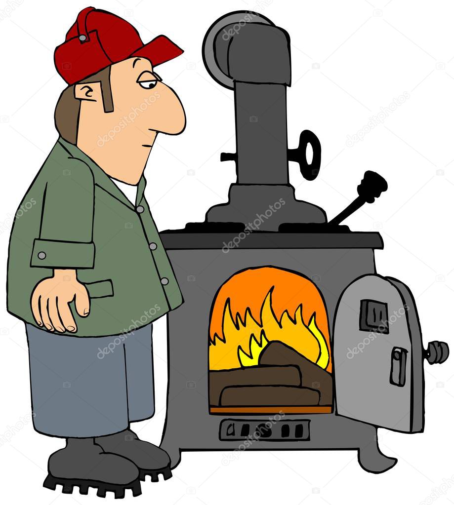 Illustration of a folksy man keeping an eye on his blazing wood stove.