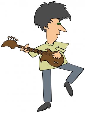 Bir adam bir bas gitar oynarken dışarı sallanan İllüstrasyon.