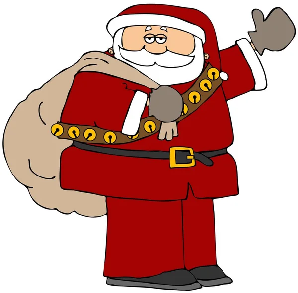 Illustration Santa Claus Carrying Large Bag Gifts Waving — Stock Photo, Image