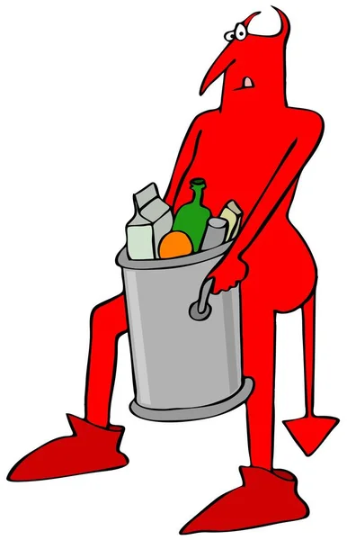 ゴミだらけの重いゴミ箱を運ぶ赤い悪魔のイラスト — ストック写真