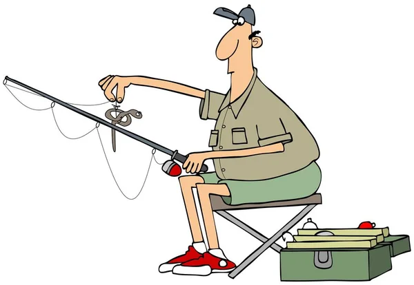 Illustration Fisherman Holding His Pole Nightcrawler Hook — Stock Photo, Image