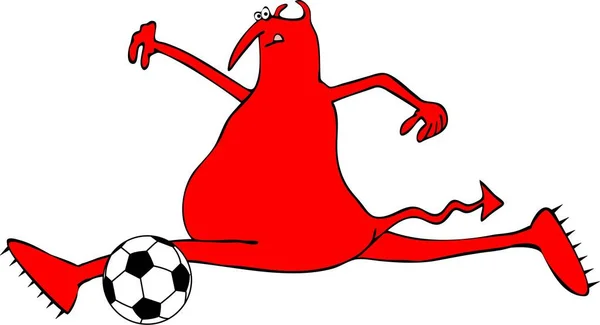 Illustration Red Devil Horns Tail Running Alongside Soccer Ball — Stock Photo, Image