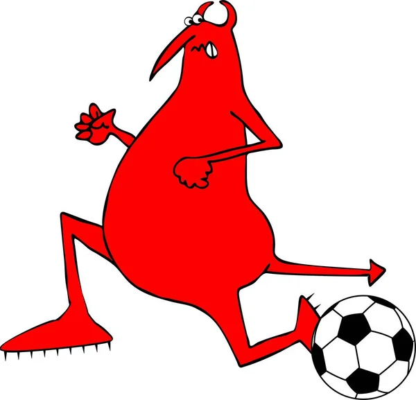 Ilustracja Czerwonego Diabła Biegnącym Przed Piłką Nożną — Zdjęcie stockowe