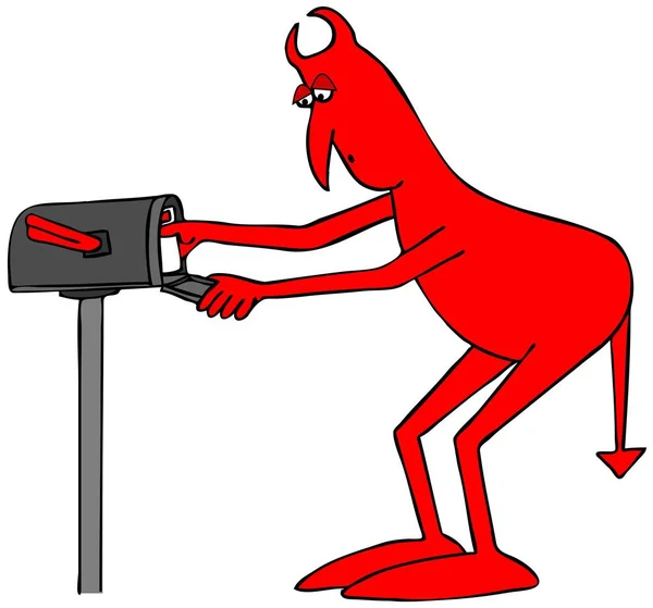 Иллюстрация Красного Дьявола Помещающего Печатное Письмо Сельский Почтовый Ящик — стоковое фото