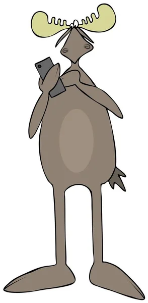 一只公麋鹿直立站立并在手机上发短信的图片 — 图库照片