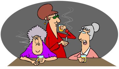 Bir barda viski içip sigara içen üç yaşlı kadının resmi..