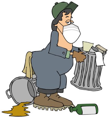 Yüz maskesi takmış bir çöpçünün çöp tenekesini kaldırması..