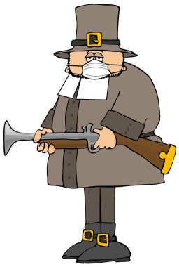 Bir seyyahın elinde bir silah ve yüz maskesi olan bir hacının resmi..