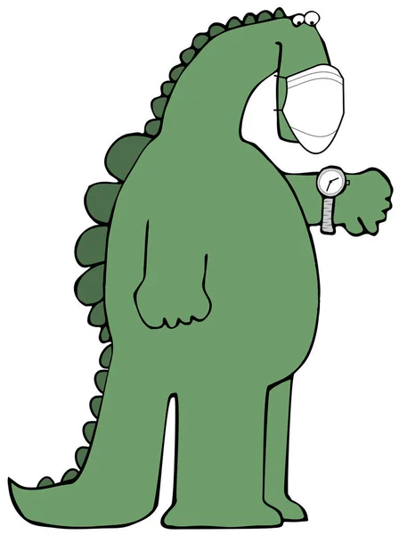 描绘一只戴着面具的绿色恐龙 并用腕表查看时间 — 图库照片