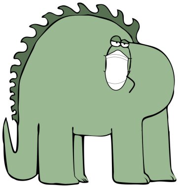 Yana doğru duran ve beyaz bir maske takan yeşil bir dinozor resmi..