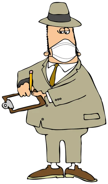 Illustration Man Tan Suit Writing Clipboard While Wearing Face Mask — Stock Photo, Image