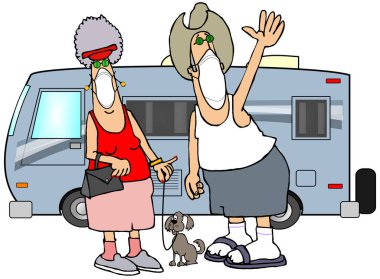 Illustration of a retired couple and their dog standing in front of their motorhome while wearing face masks. clipart