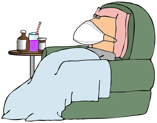 Ilustrace Nemocného Muže Křesle Zakrytém Dekou Obličejovou Maskou — Stock fotografie