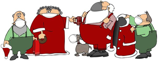 Иллюстрация Санты, миссис Клаус, 2 эльфа и собака, помогающие Св. Нику подготовиться к обходу и все в масках для лица.