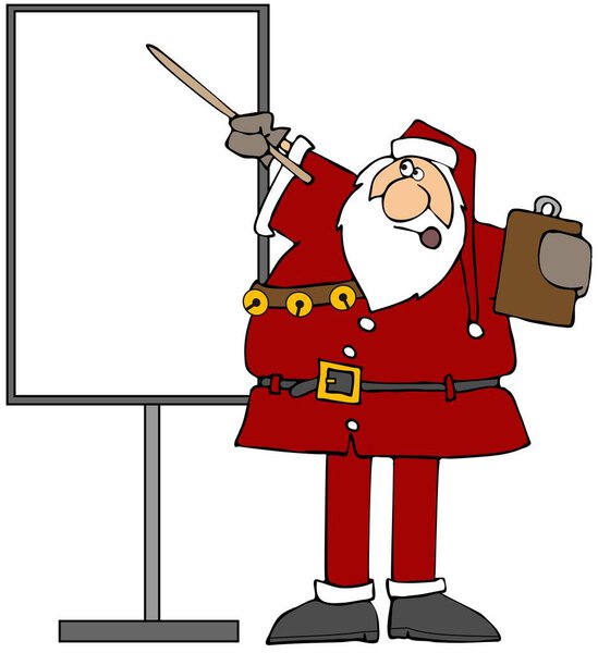 Иллюстрация того, что Санта Клаус держит планшет и с помощью указателя показывает область на большой пустой доске.