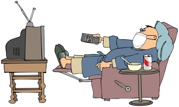 Ilustrace Nemocného Muže Županu Pyžamu Dálkovým Ovládáním Při Sledování Televize — Stock fotografie