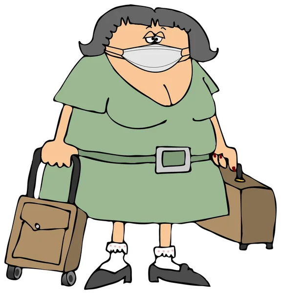 Illustration Chubby Female Traveler Suitcase Carry Wearing Face Mask — Stock Photo, Image