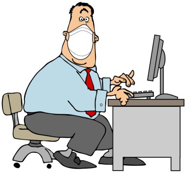 Bilgisayarda çalışan ve maske takan bir adamın resmi..