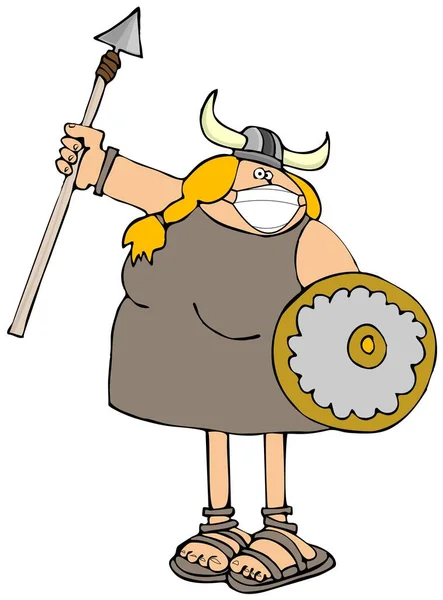Ilustração Uma Mulher Viking Segurando Uma Lança Escudo Usando Uma — Fotografia de Stock