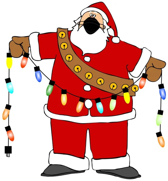 Ilustracja Świętego Mikołaja Trzymającego Sznurek Świątecznych Świateł Noszącego Czarną Maskę — Zdjęcie stockowe