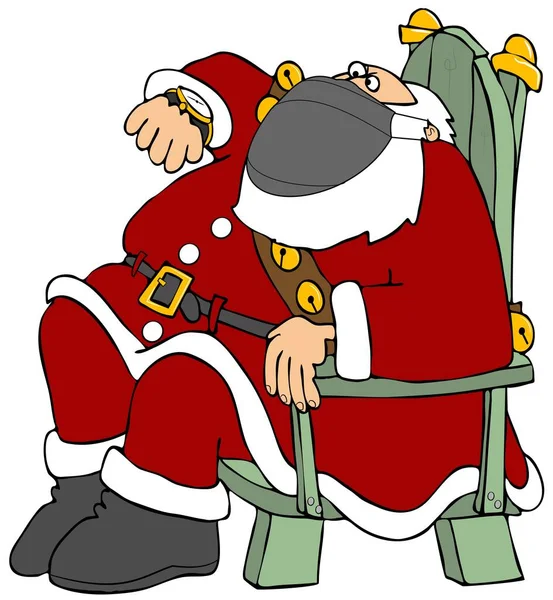 圣诞老人坐在绿色的木制椅子上 戴着面具检查腕表的例子 图库图片