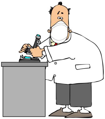 Tombul bir bilim adamının mikroskop kullanarak yüz maskesi taktığı bir görüntü..