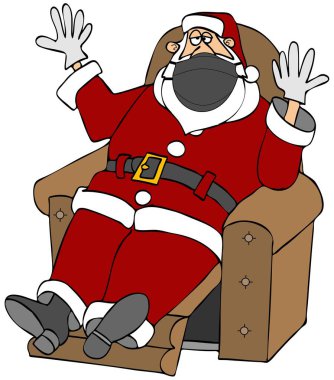 Noel Baba 'nın siyah bir maske takarken kollarını kaldırmış koltukta oturduğunu hayal et..
