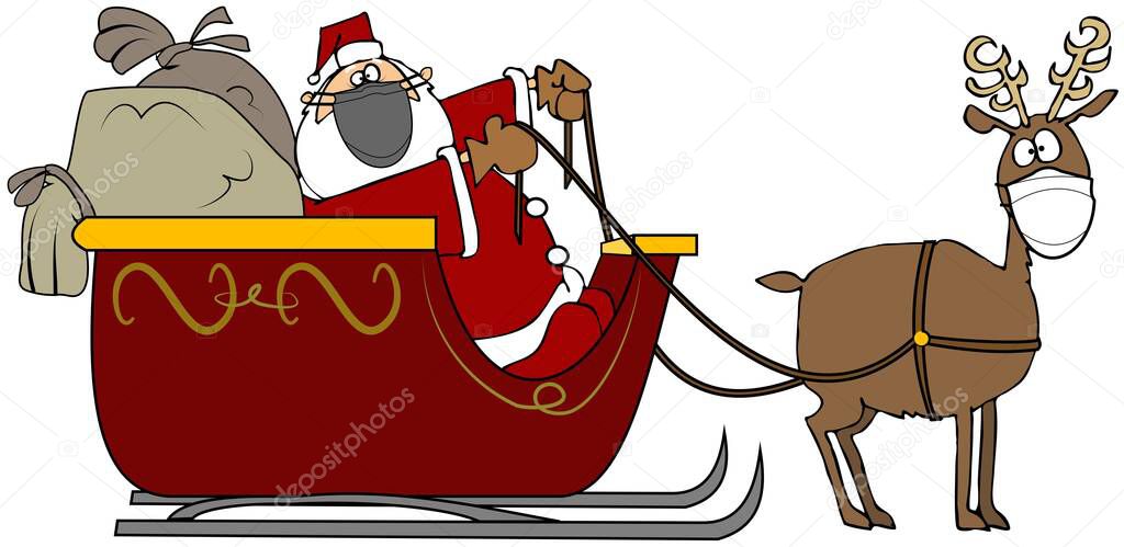 Illustration of Santa Claus in his sleigh filled with gifts being pulled by a single reindeer wearing a face mask.