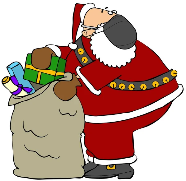 一名圣诞老人助手戴着假胡子和面罩打开一包礼物的图片 — 图库照片