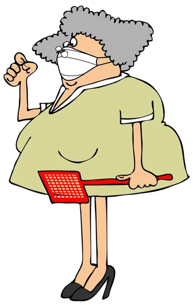 Illustration of a woman wearing a face mask and holding an insect swatter while a fly is on her nose.
