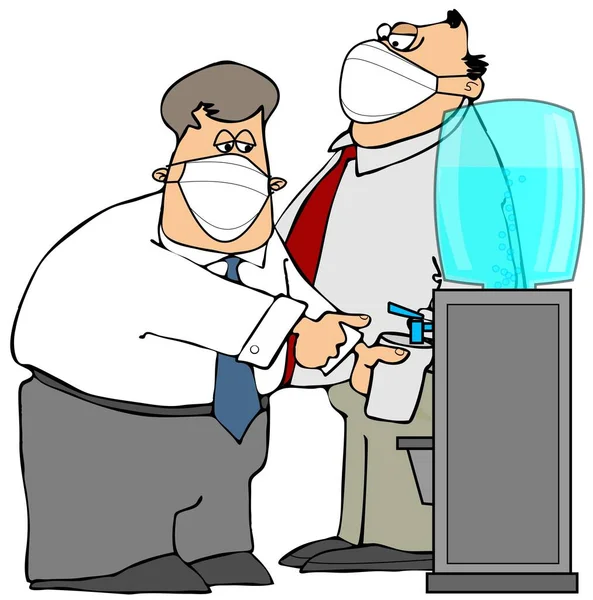 Illustration Two Male Workers Wearing Masks Meeting Office Water Cooler — Stock Photo, Image