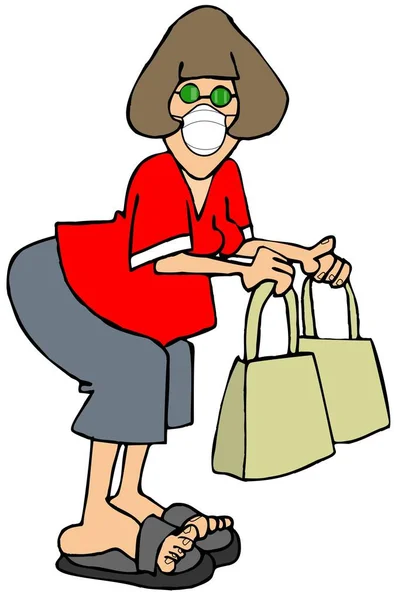 Illustratie Van Een Vrouwelijke Shopper Met Twee Tassen Een Gezichtsmasker — Stockfoto