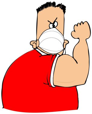 Kaslı bir adamın pazılarını esnettiği ve maske taktığı görüntüsü..