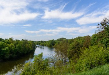 Nehir bir mavi gökyüzü gün ağaçların arasındaki