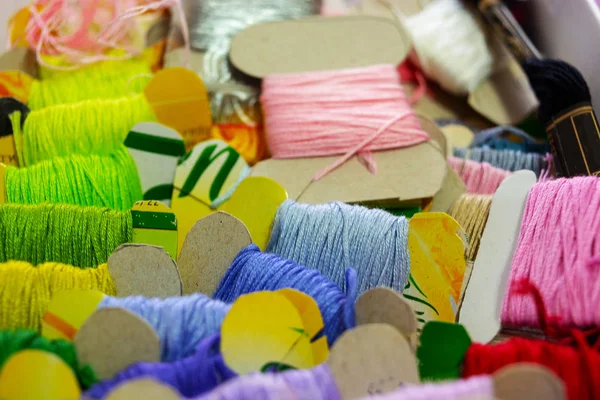 Close Many Multicolored Threads Cardboard — Stock Photo, Image