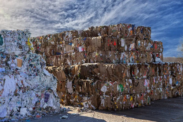 Balar av papp och kartong. Pappersavfall för återvinning. Bakgrund av papper texturer, Pappersskräp vid återvinningsanläggningen — Stockfoto